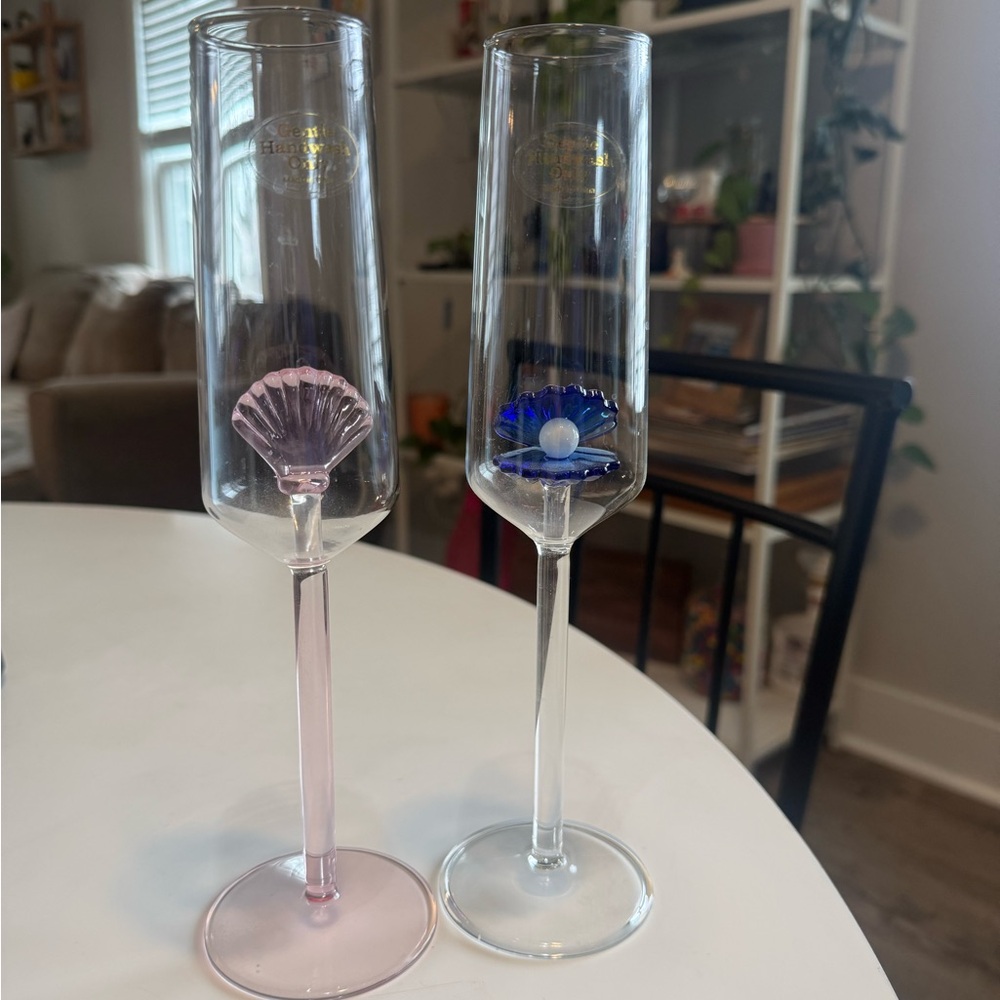 Set of Two Decorative Champagne Flutes with Pink and Blue Accents